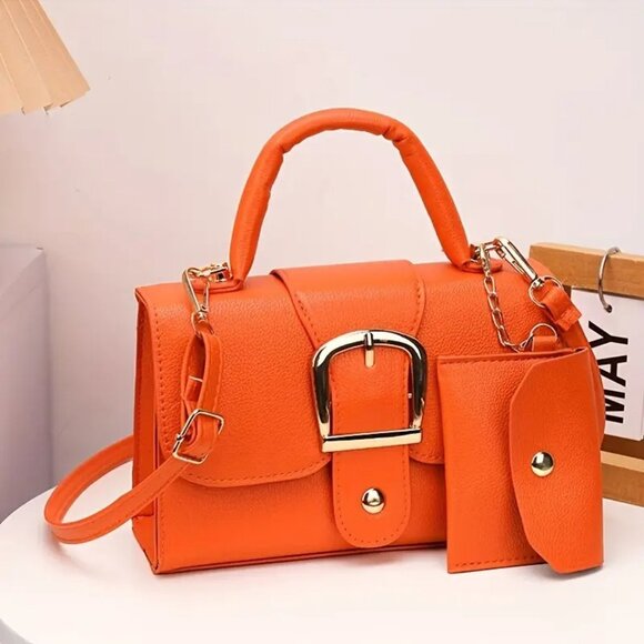 Handbags - Trendy Orange Handbag Retro Style Buckle Purse w/ Detachable Mini Coin Wallet